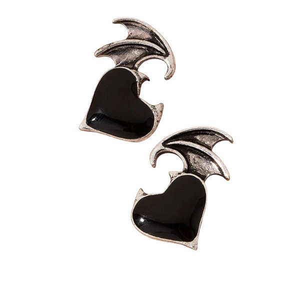 Little Bat Wing Black Enamel Heart Post Earrings Goth - Picture 2 of 3